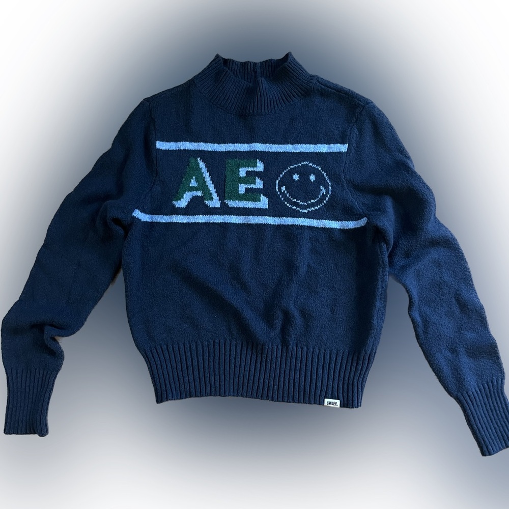 AMERICAN EAGLE SMILEY FACE MOCK NECK SWEATER WOMENS SIZE M Navy Blue Preppy